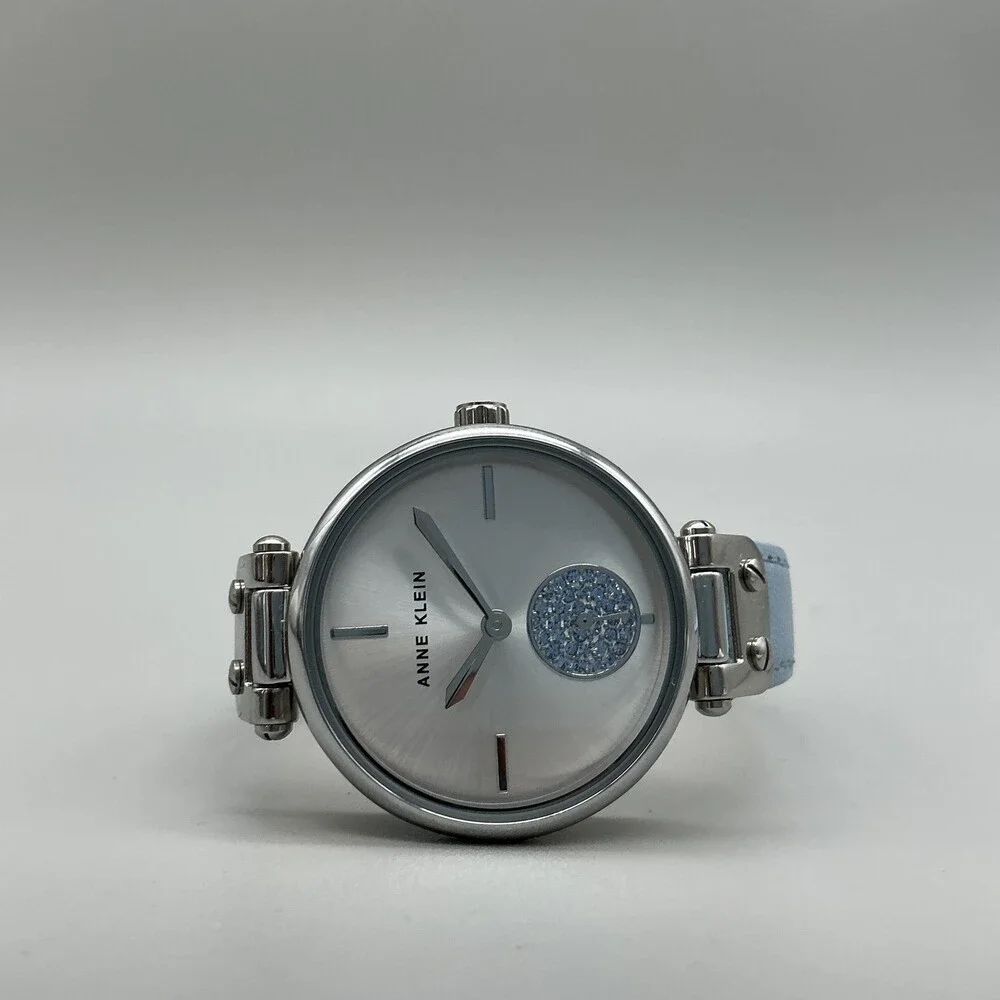 Anne Klein Womens Watch 34mm Silver Tone Blue Leather AK/3384 New Battery